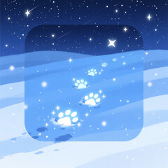 하얀 눈길 속 고양이의 발자국