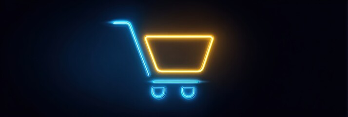 Neon Shopping Cart Icon Glowing on a Dark Background, Representing E-Commerce and Online Shopping Trends in Modern Life