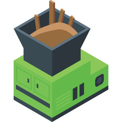 Pixelated Isometric Green Industrial Shredder Machine Processing Brown Wood Sticks Against Transparent Background