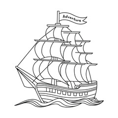 Hand drawn sailing ship illustration adventure banner vector graphic scalable eps for all creative projects silhouette vector illustration white background