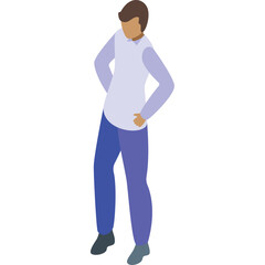 Pixelated Isometric Illustration of a Person Wearing a Light Purple Long Sleeve Shirt and Blue Pants Standing with Hands on Hips Against a White Background