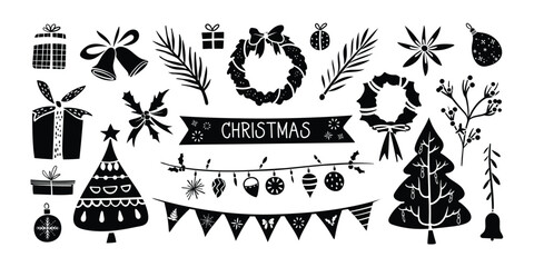 Set of isolated Christmas decoration elements in black silhouette for holiday seasonal on transparent background.