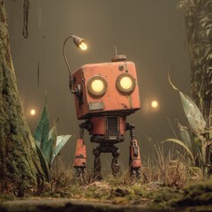 Rusty robot in a foggy forest