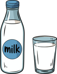 Cartoon milk bottle and glass illustration, healthy dairy drink vector art for kids, nutrition and breakfast education materials