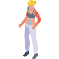Pixelated Blonde Woman With Tattoos On Arms Wearing Grey Sports Bra And White Pants In Isometric View With Transparent Background