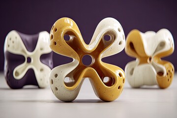 Abstract,  3D-rendered,  sculptural forms,  interlocking,  organic shapes,  in shades of mustard yellow, off-white, and mauve, on a light gray surface