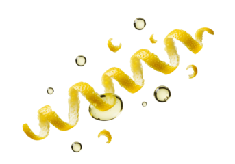 Dynamic Lemon Zest Spiral with Sparkling Citrus Oil Droplets Isolated on White Background