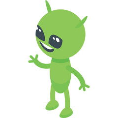 Pixelated Cartoon Alien Character Waving Hello With Green Body And Big Eyes On Transparent Background