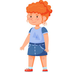 Pixelated Cartoon Child With Red Curly Hair Wearing Blue T Shirt And Denim Skirt With White Background