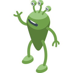 Pixelated Green Alien Character Waving Hello with Three Eyes and A Pointed Head on A Transparent Background