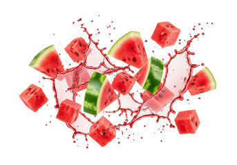 Dynamic Watermelon Splash with Fresh Slices and Cubes Isolated on White