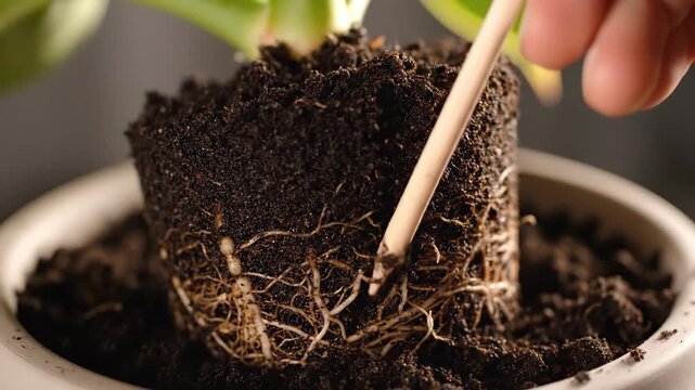 Close-up of potted plant roots being gently disturbed with a stick, showcasing soil texture and root structure in a nurturing gardening scene with focus on growth