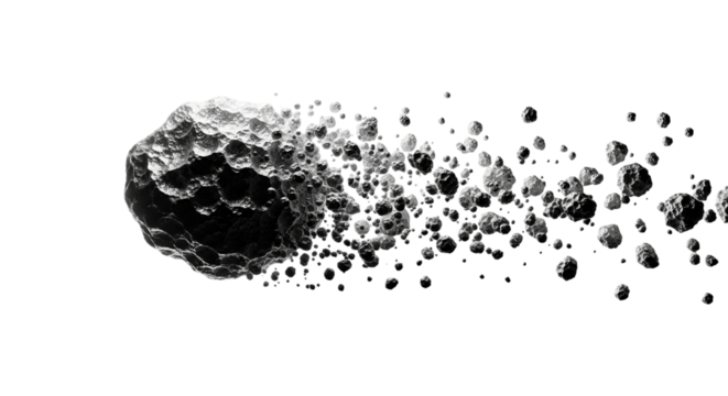 Asteroid with debris trail isolated on transparent background, representing space exploration and cosmic phenomena in monochrome