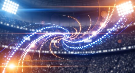 Spectacular display of swirling light particles and lens flares illuminating a sports arena during a major event