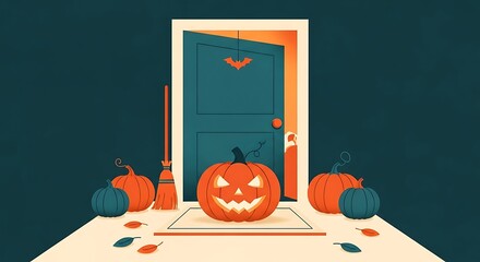 A halloween doorway scene with pumpkins, a broom, and a bat decoration on the door, creating a festive and spooky atmosphere for trickortreating and seasonal celebrations