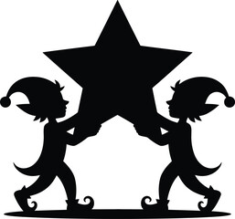 Two silhouetted elves carrying a large star symbolizing christmas and celebration
