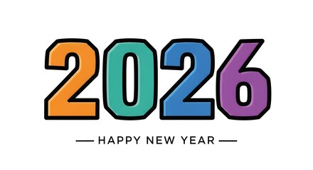 Colorful 2026 happy new year typography isolated on white background