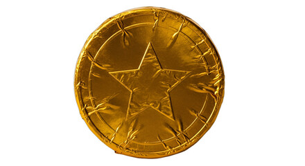 Golden chocolate coin with an embossed star, isolated on white & transparent background, perfect for holiday promotions like Christmas or Hanukkah gelt, financial success themes, prize rewards,