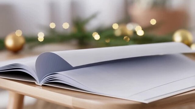 An open magazine with blank pages acts as a copy space. Subtle page movement adds realism to this stylish festive print mockup.