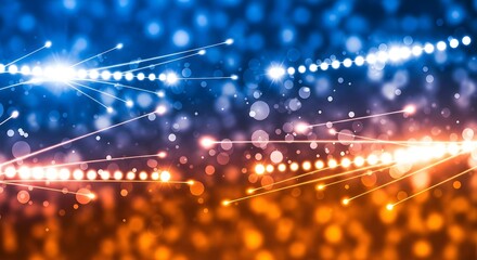 Futuristic technology concept with dynamic blue and orange light streams representing high-speed data transmission and network connectivity