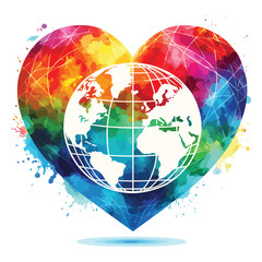 Love for our planet with this vibrant world globe inside a colorful watercolor heart