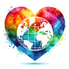 Love for our planet with this vibrant world globe inside a colorful watercolor heart