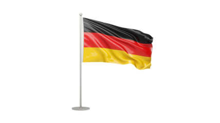 Waving german flag on a metal flagpole with a circular base isolated on transparent background
