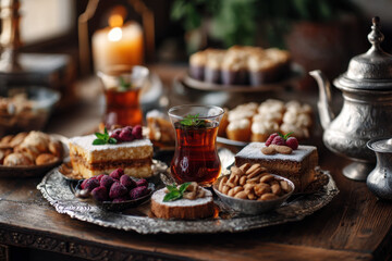 Naklejka premium Cultural party celebrating happiness with food in a cozy setting traditional feast atmosphere