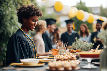 Cultural celebration party for graduates featuring delicious food outdoor happiness backyard setting community vibes