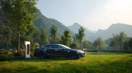 New energy vehicles charging in mountains, forests, and grasslands