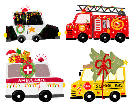 Cute set christmas xmas community rescue team emergency vehicles transportation crayon kids doodle crayon watercolour illustration police car school bus ambulance fire truck engine nursery - Powered by Adobe