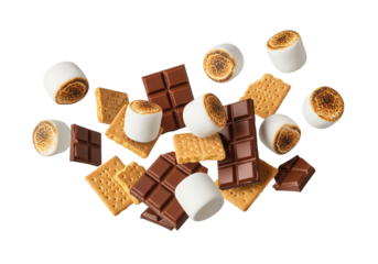 Scattered S'mores Ingredients: Toasted Marshmallows, Chocolate Bars, and Graham Crackers Isolated on a Clean White Background