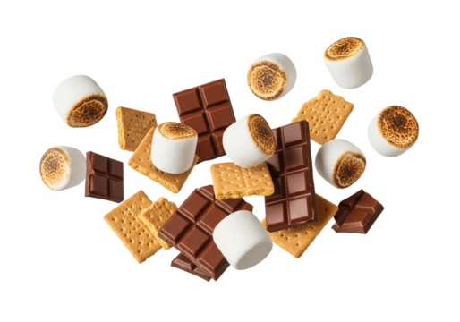 Scattered S'mores Ingredients: Toasted Marshmallows, Chocolate Bars, and Graham Crackers Isolated on a Clean White Background