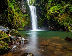 Obraz premium Cascading waterfall flowing into a still, emerald-green pool