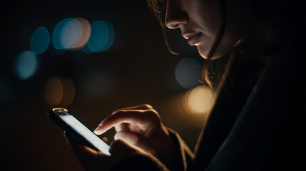 Person Texting Phone Screen Reflections Moody Indoor Lighting