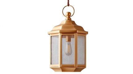 Elegant Brass Hexagonal Hanging Lantern with Frosted Glass Panels and Exposed Edison Bulb Illuminated Indoors Against a Clean White Background