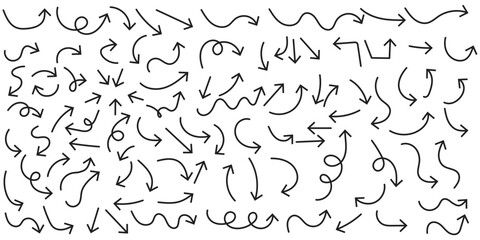 Hand drawn arrows icon set. Sketch curved arrows design. Arrow handmade. Doodle arrows of varios shapes and directions. Pointer and cursor icons.