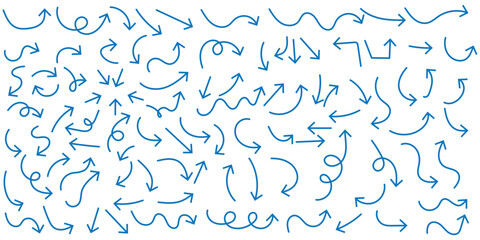 Hand drawn arrows icon set. Sketch curved arrows design. Arrow handmade. Doodle arrows of varios shapes and directions. Pointer and cursor icons.