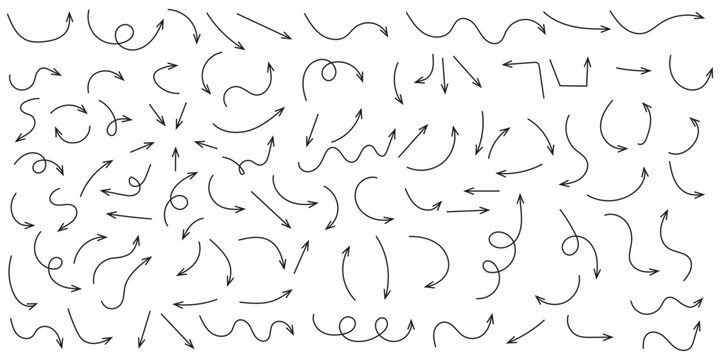 Red curved arrow vector bundle in hand drawn sketch style. Doodle style arrow icons collection for infographic, interface, business direction, and creative visual navigation