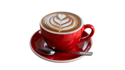 Steaming rich latte art coffee in vibrant red cup awaits