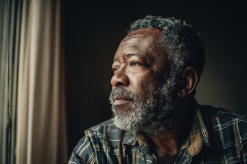 Senior man gazes thoughtfully out of a window, contemplating life experiences and memories in a cozy indoor setting during the afternoon