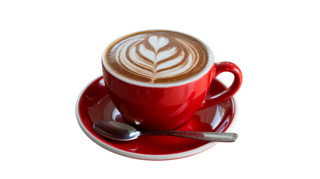 Steaming rich latte art coffee in vibrant red cup awaits