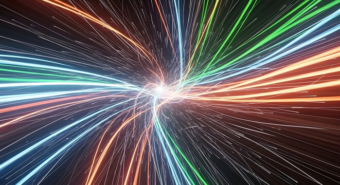Abstract representation of vibrant light streams converging at a central point, symbolizing speed, data transfer, and energy flow