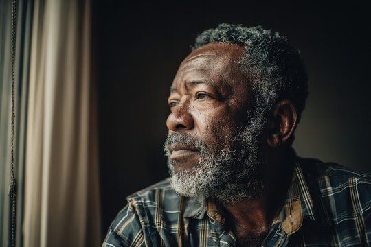 Senior man gazes thoughtfully out of a window, contemplating life experiences and memories in a cozy indoor setting during the afternoon