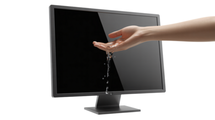 Hand offers water from screen, technology and nature connection