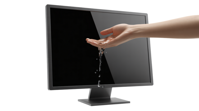 Hand offers water from screen, technology and nature connection