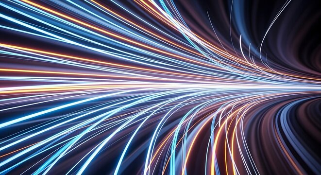 Dynamic abstract background showcasing a tunnel of rapidly moving glowing light streaks, symbolizing high-speed data flow, modern connectivity, and futuristic digital pathways