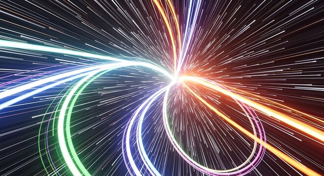 Dynamic abstract background featuring colorful glowing light trails representing high-speed data flow and futuristic digital network connections - Powered by Adobe