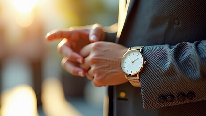Time management and professional success concept with a closeup of a businessman wearing a luxury watch and elegant suit