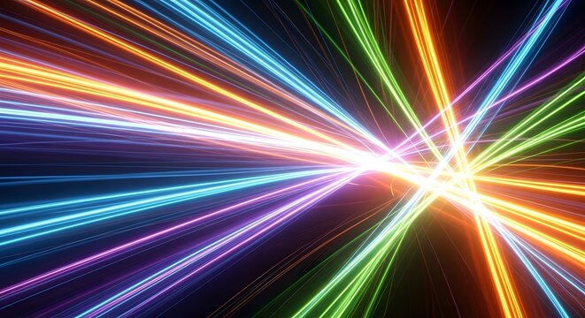 Abstract explosion of vibrant neon light streaks, creating a dynamic and energetic visual effect